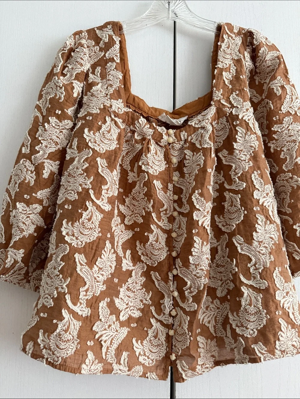 Anthropologie Jacquard Paisley Button Down Top 3/4 Puff Sleeve Romantic Boho Sz